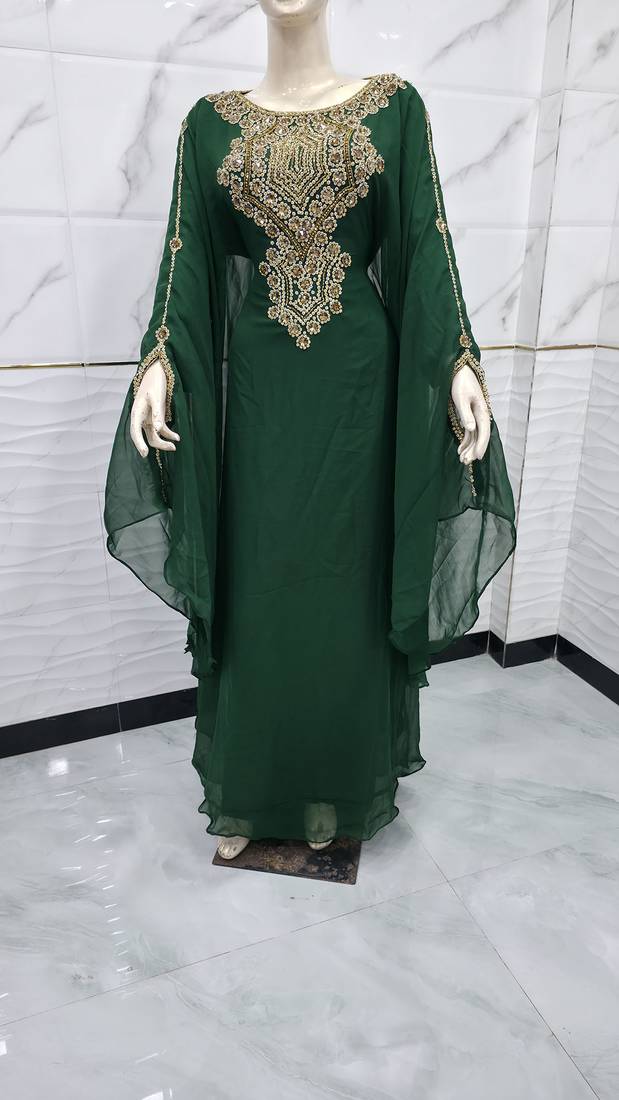 Emerald Green Moroccan Kaftan Dress with Luxurious Gold Embroidery & Flared Sleeves