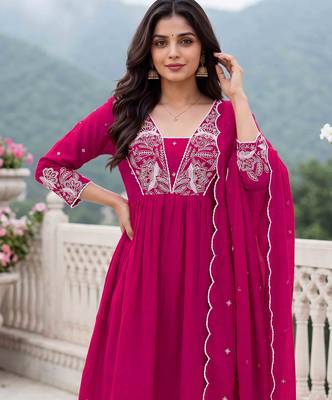 Rani embroidered vichitra silk flared salwar suit set with dupatta 4