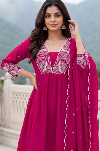 Rani embroidered vichitra silk flared salwar suit set with dupatta