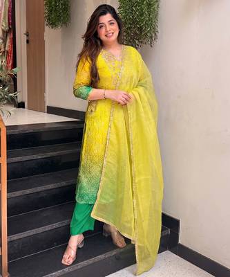 Lemon yellow printed & embroidered chinon straight salwar suit set with orgenza dupatta 1