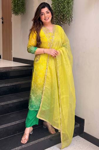 Lemon yellow printed & embroidered chinon straight salwar suit set with orgenza dupatta
