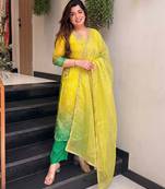Lemon yellow printed & embroidered chinon straight salwar suit set with orgenza dupatta