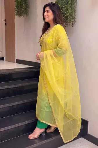Lemon yellow printed & embroidered chinon straight salwar suit set with orgenza dupatta