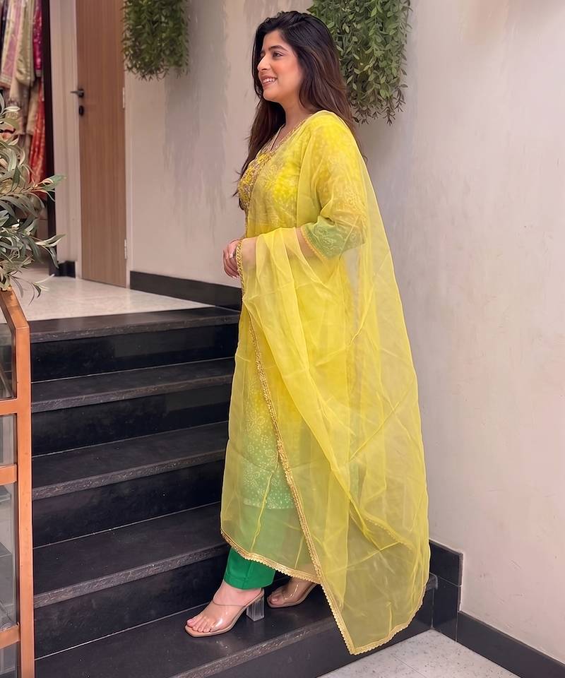 Lemon yellow printed & embroidered chinon straight salwar suit set with orgenza dupatta