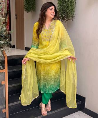 Lemon yellow printed & embroidered chinon straight salwar suit set with orgenza dupatta 3