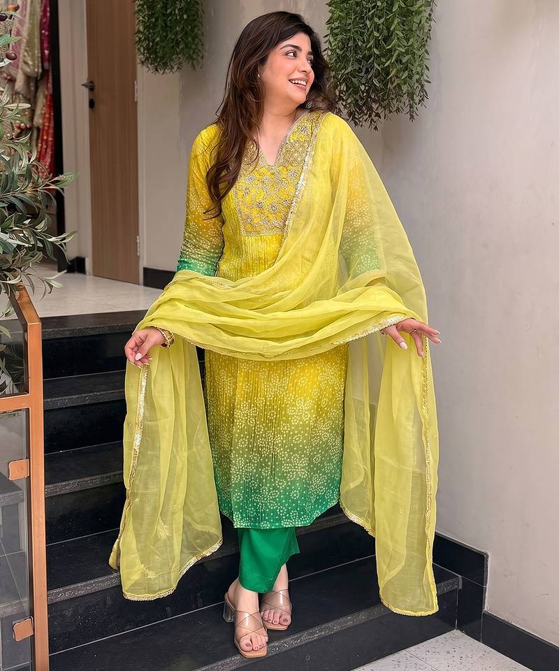 Lemon yellow printed & embroidered chinon straight salwar suit set with orgenza dupatta