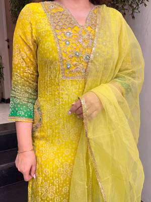 Lemon yellow printed & embroidered chinon straight salwar suit set with orgenza dupatta 4