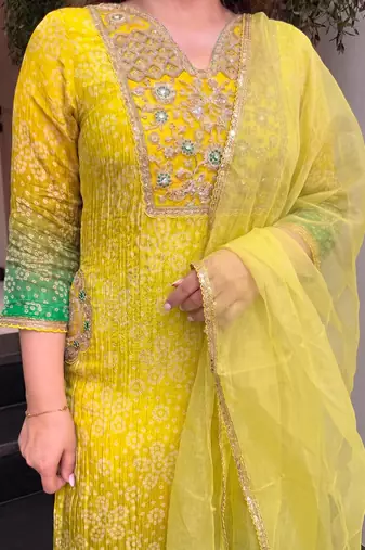 Lemon yellow printed & embroidered chinon straight salwar suit set with orgenza dupatta