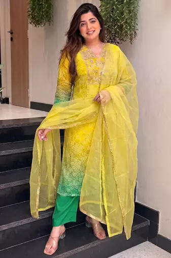 Lemon yellow printed & embroidered chinon straight salwar suit set with orgenza dupatta
