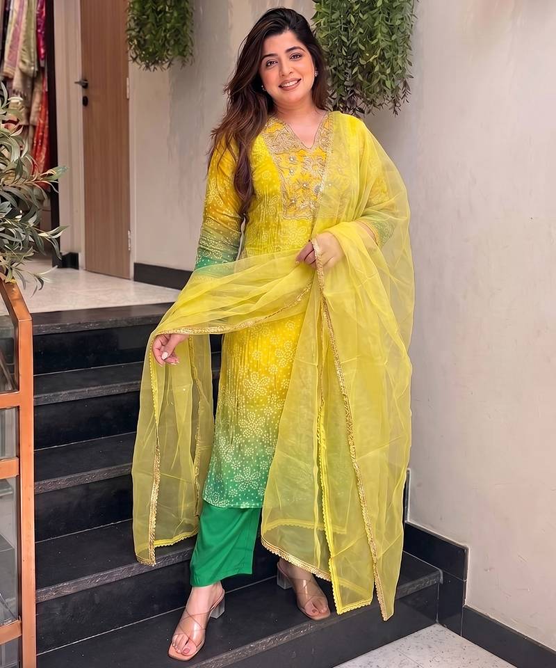 Lemon yellow printed & embroidered chinon straight salwar suit set with orgenza dupatta