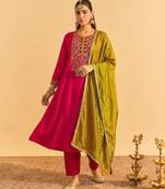 Gajri embroidered vichitra silk flared salwar suit set with vichitra silk dupatta