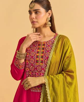 Gajri embroidered vichitra silk flared salwar suit set with vichitra silk dupatta 5