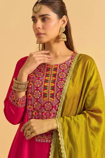 Gajri embroidered vichitra silk flared salwar suit set with vichitra silk dupatta