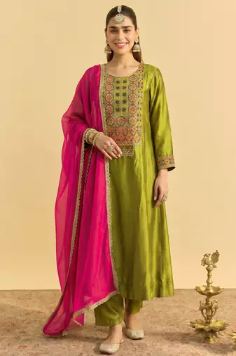Liril embroidered vichitra silk flared salwar suit set with vichitra silk dupatta