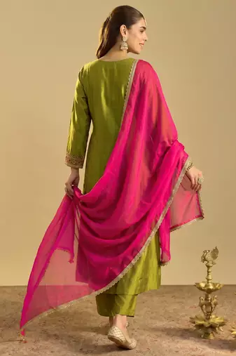 Liril embroidered vichitra silk flared salwar suit set with vichitra silk dupatta