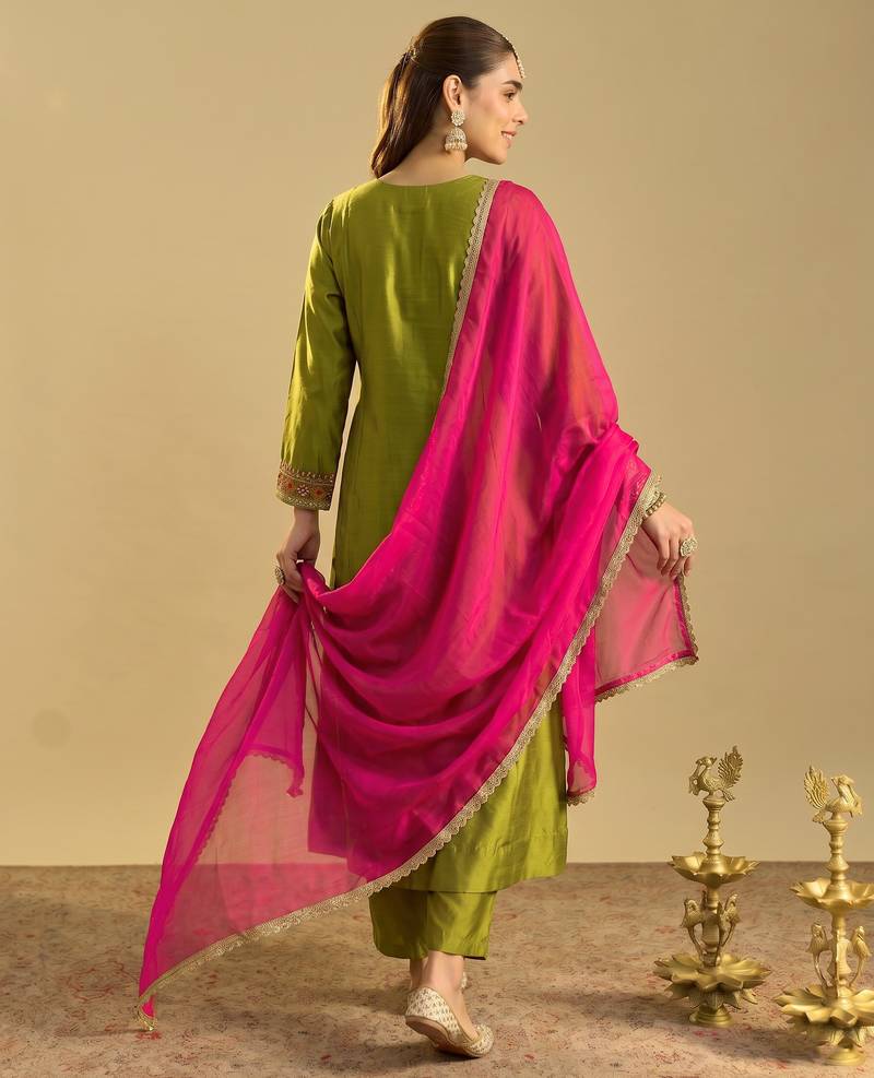 Liril embroidered vichitra silk flared salwar suit set with vichitra silk dupatta
