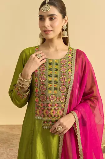 Liril embroidered vichitra silk flared salwar suit set with vichitra silk dupatta