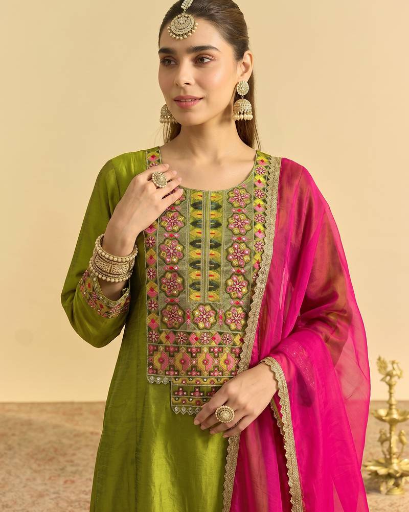 Liril embroidered vichitra silk flared salwar suit set with vichitra silk dupatta
