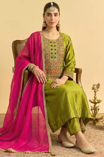 Liril embroidered vichitra silk flared salwar suit set with vichitra silk dupatta