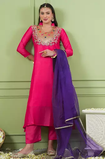 Rani embroidered viscose silk a-line salwar suit set with organza dupatta