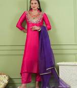 Rani embroidered viscose silk a-line salwar suit set with organza dupatta