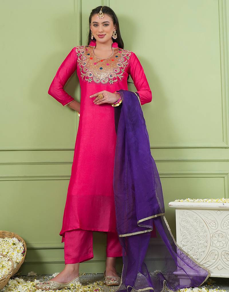 Rani embroidered viscose silk a-line salwar suit set with organza dupatta