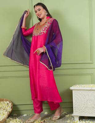 Rani embroidered viscose silk a-line salwar suit set with organza dupatta 2
