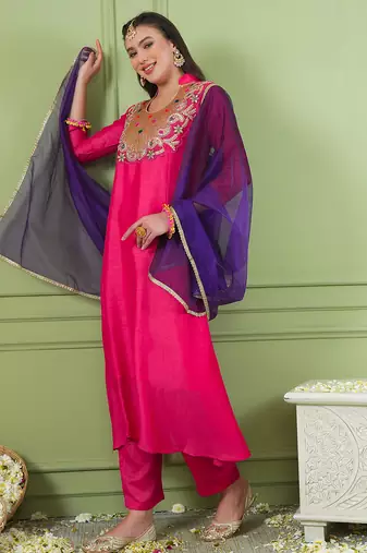 Rani embroidered viscose silk a-line salwar suit set with organza dupatta