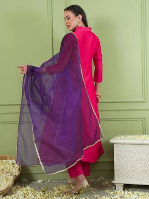 Rani embroidered viscose silk a-line salwar suit set with organza dupatta 3