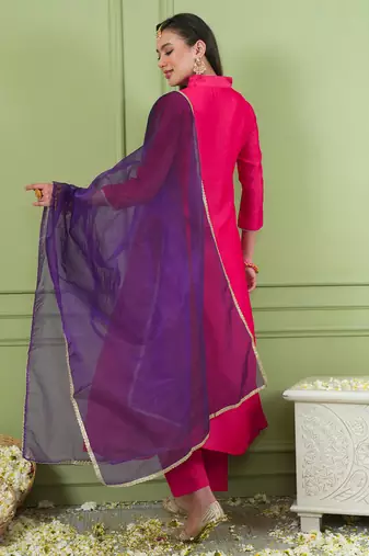 Rani embroidered viscose silk a-line salwar suit set with organza dupatta