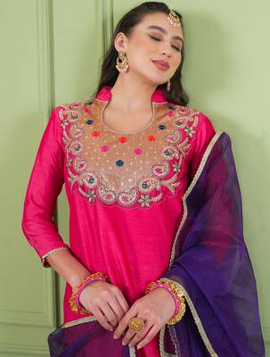Rani embroidered viscose silk a-line salwar suit set with organza dupatta 4