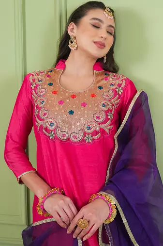Rani embroidered viscose silk a-line salwar suit set with organza dupatta