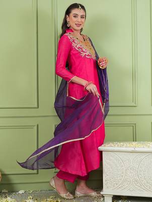 Rani embroidered viscose silk a-line salwar suit set with organza dupatta 5