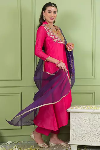 Rani embroidered viscose silk a-line salwar suit set with organza dupatta
