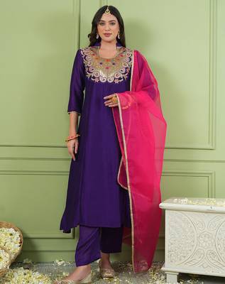 Violet embroidered viscose silk a-line salwar suit set with organza dupatta 1