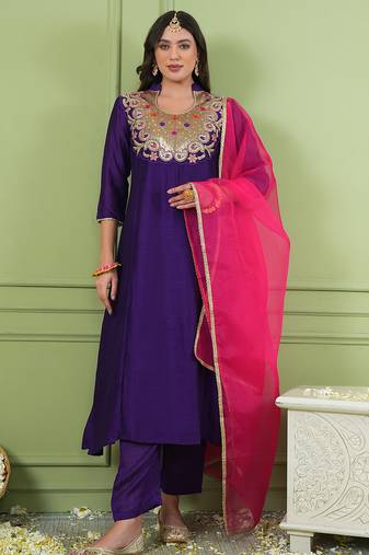 Violet embroidered viscose silk a-line salwar suit set with organza dupatta