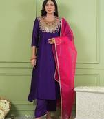 Violet embroidered viscose silk a-line salwar suit set with organza dupatta