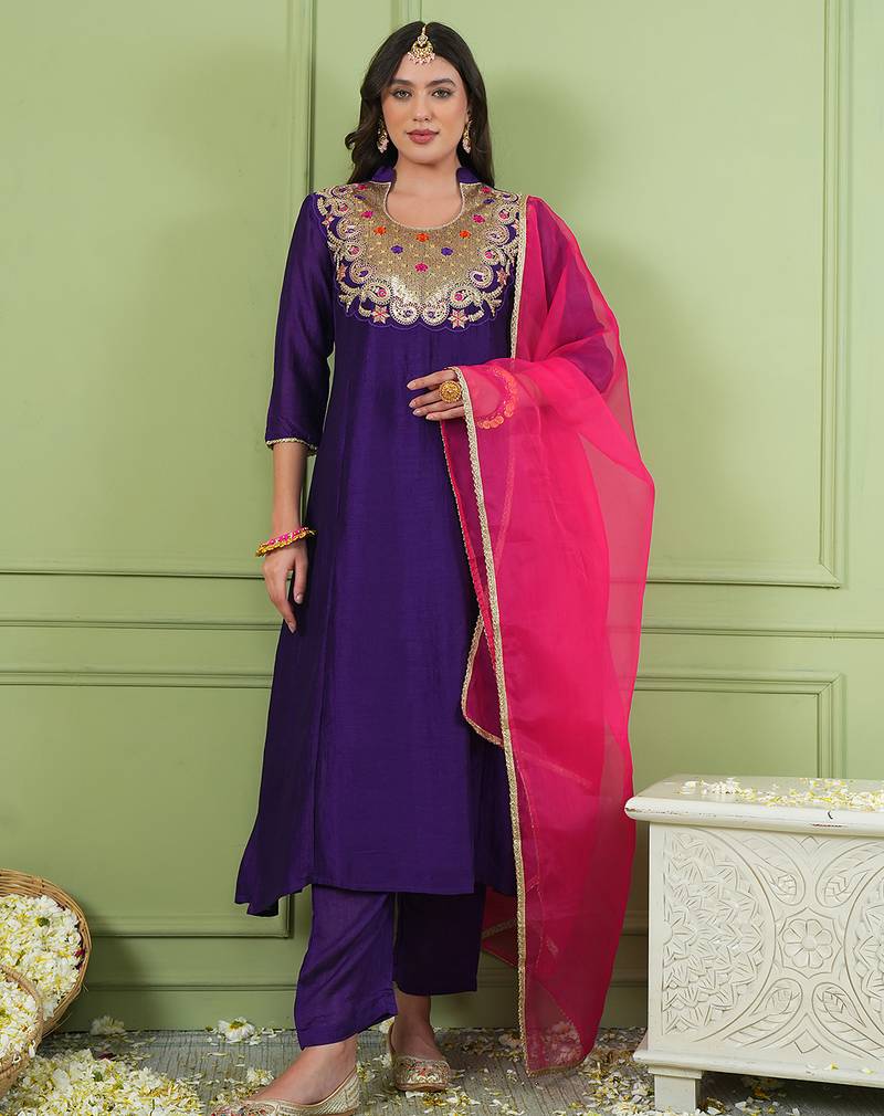Violet embroidered viscose silk a-line salwar suit set with organza dupatta