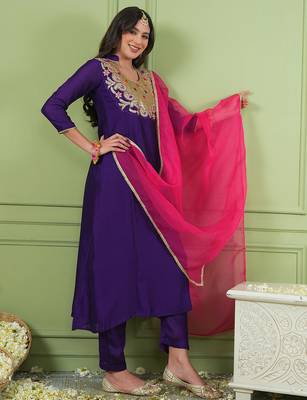 Violet embroidered viscose silk a-line salwar suit set with organza dupatta 2