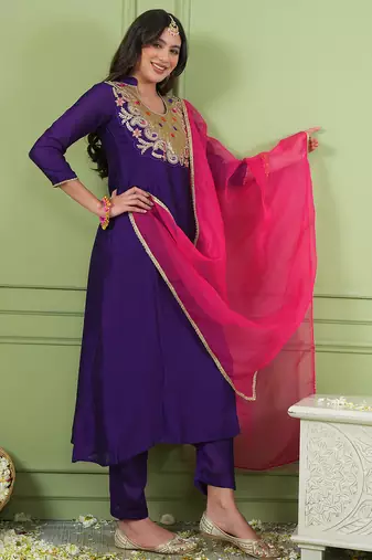 Violet embroidered viscose silk a-line salwar suit set with organza dupatta