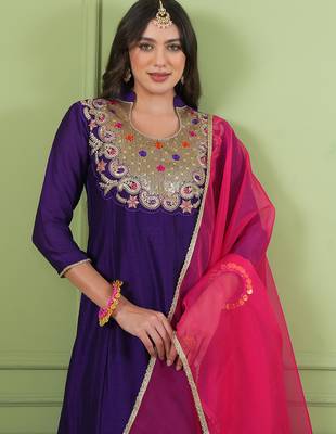 Violet embroidered viscose silk a-line salwar suit set with organza dupatta 3