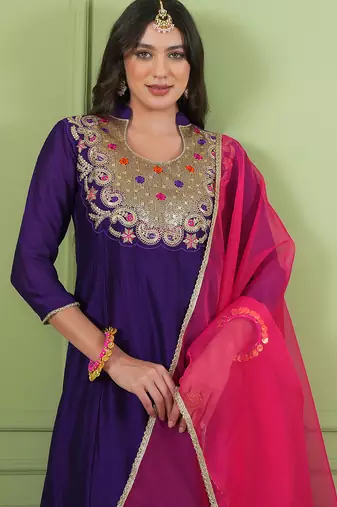 Violet embroidered viscose silk a-line salwar suit set with organza dupatta