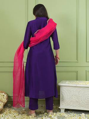 Violet embroidered viscose silk a-line salwar suit set with organza dupatta 4