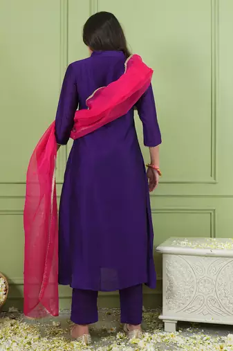 Violet embroidered viscose silk a-line salwar suit set with organza dupatta