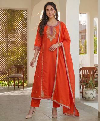 Orange embroidered lined silk a-line salwar suit set with cotton chanderi dupatta 1