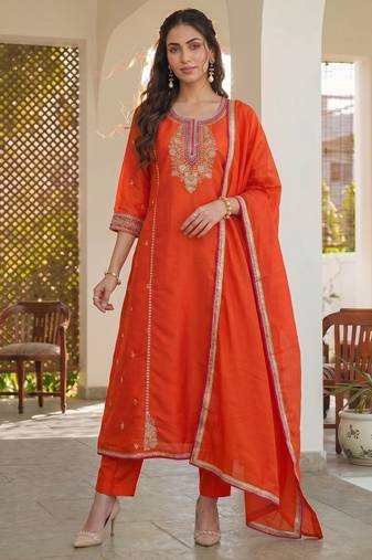 Orange embroidered lined silk a-line salwar suit set with cotton chanderi dupatta