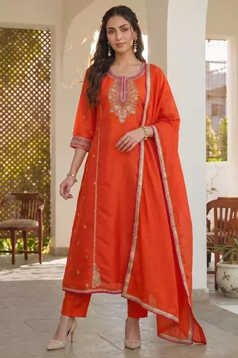 Orange embroidered lined silk a-line salwar suit set with cotton chanderi dupatta