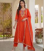 Orange embroidered lined silk a-line salwar suit set with cotton chanderi dupatta