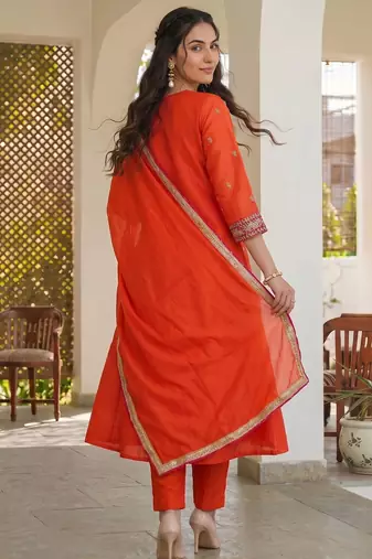 Orange embroidered lined silk a-line salwar suit set with cotton chanderi dupatta