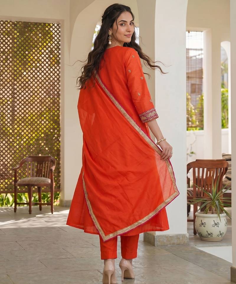 Orange embroidered lined silk a-line salwar suit set with cotton chanderi dupatta